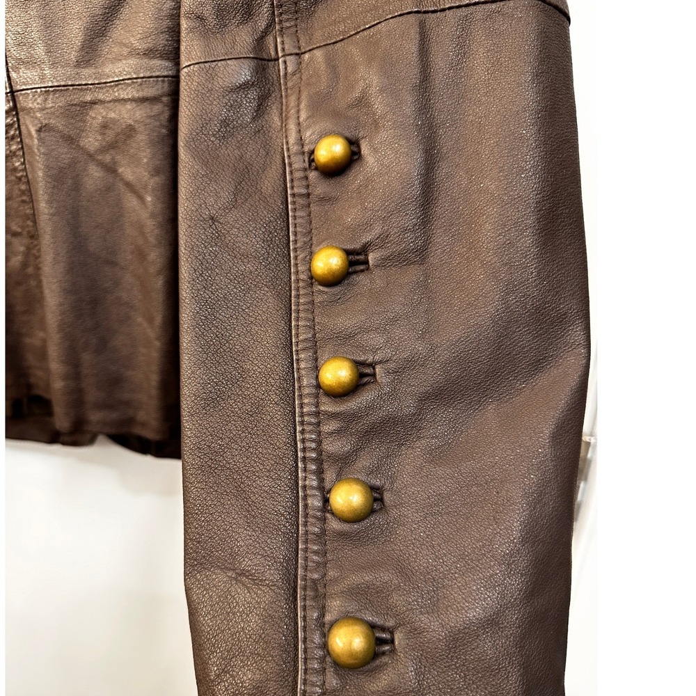 Cami Brown Leather Blazer Jacket 16 Puff Sleeve Brass Buttons Steampunk - Picture 6 of 11